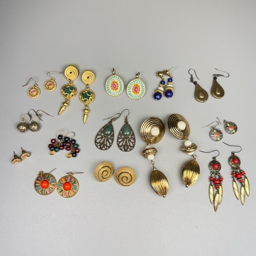 Pierced Earrings Lot Mixed Gold Tone Silver Tone Boho Egyptian Etruscan Revival